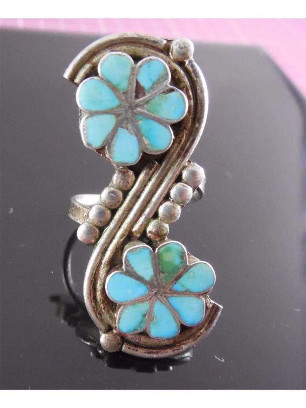 Vintage Zuni Virgil Dishta Sr. Sterling Silver Turquoise Flower Inlay Ring - Picture 1 of 4